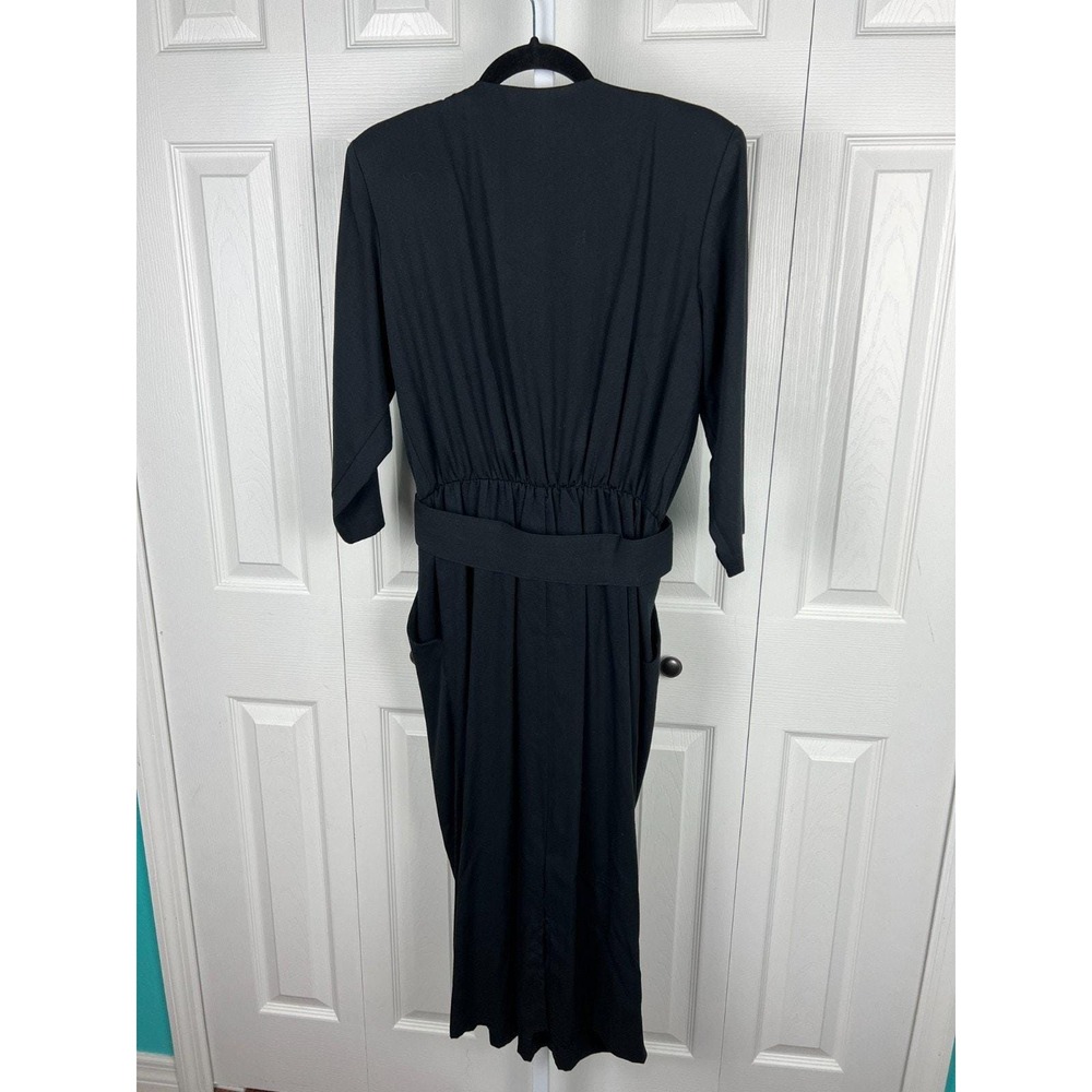 80s Black Belted Midi Dress Pockets Minimalist Career USA Womens 10 - Picture 7 of 10